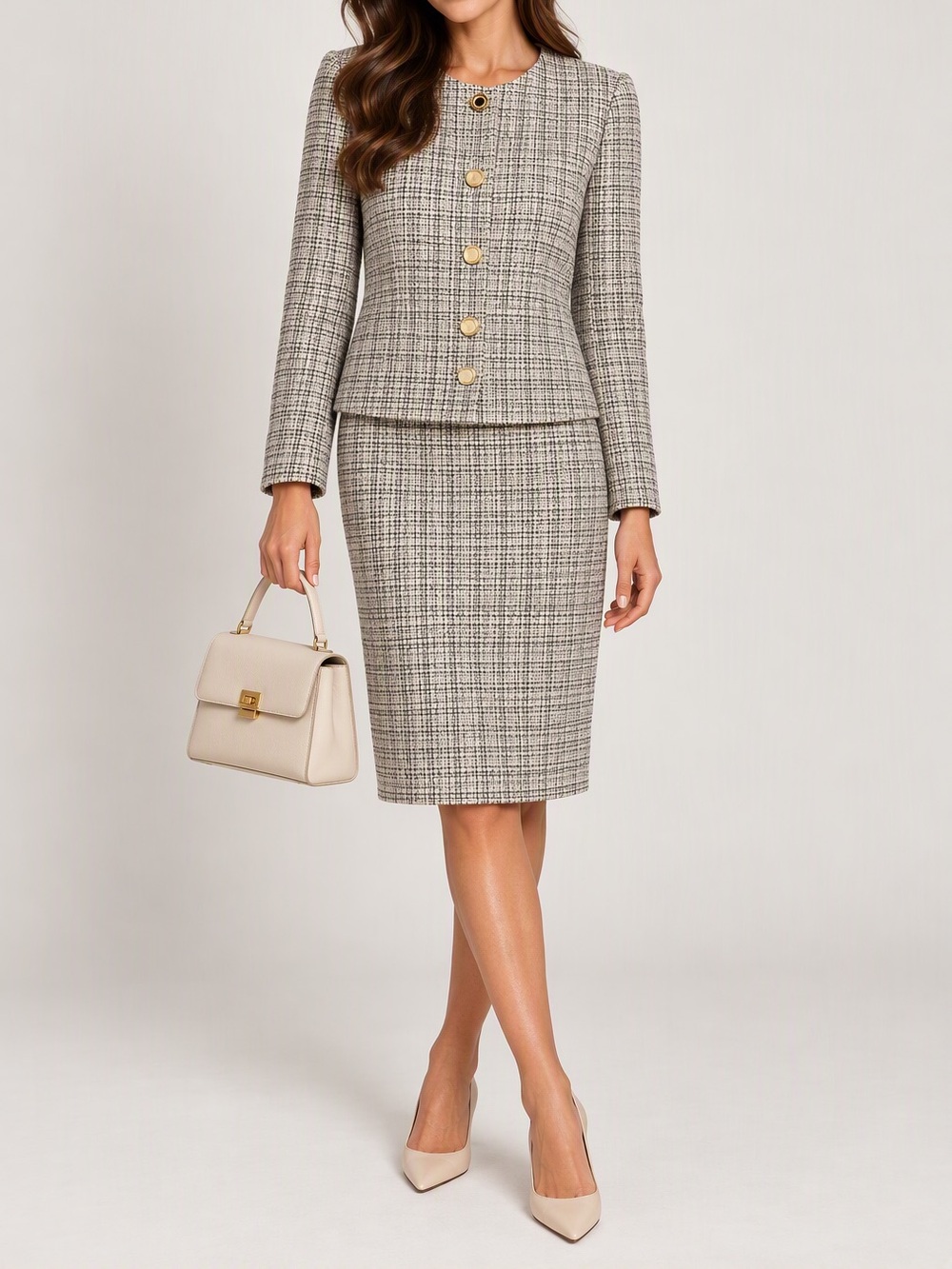 Le Suit Black Cream Tweed Collarless Jacket with gold buttons and skirt set
